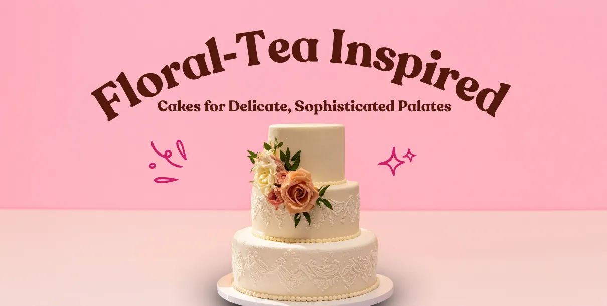 Elegant Floral‑Tea Inspired Cake Decorated With Dried Petals And A Teacup Beside It On A Wooden Table.