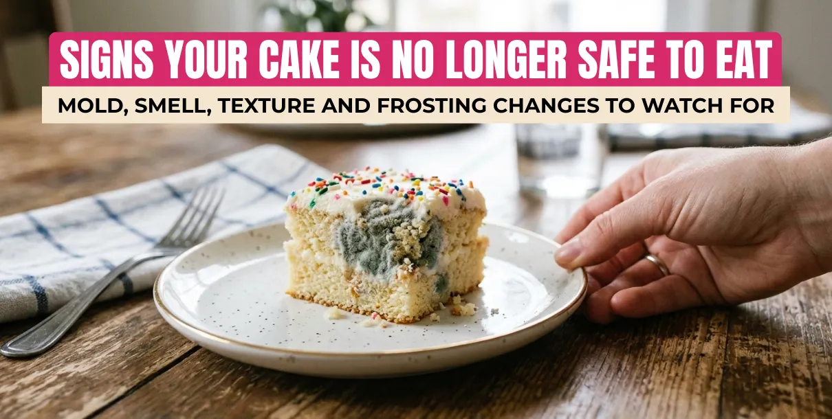 Cake Slice On A Plate With A Visible Mold Spot And A Hand Pushing The Plate Away.