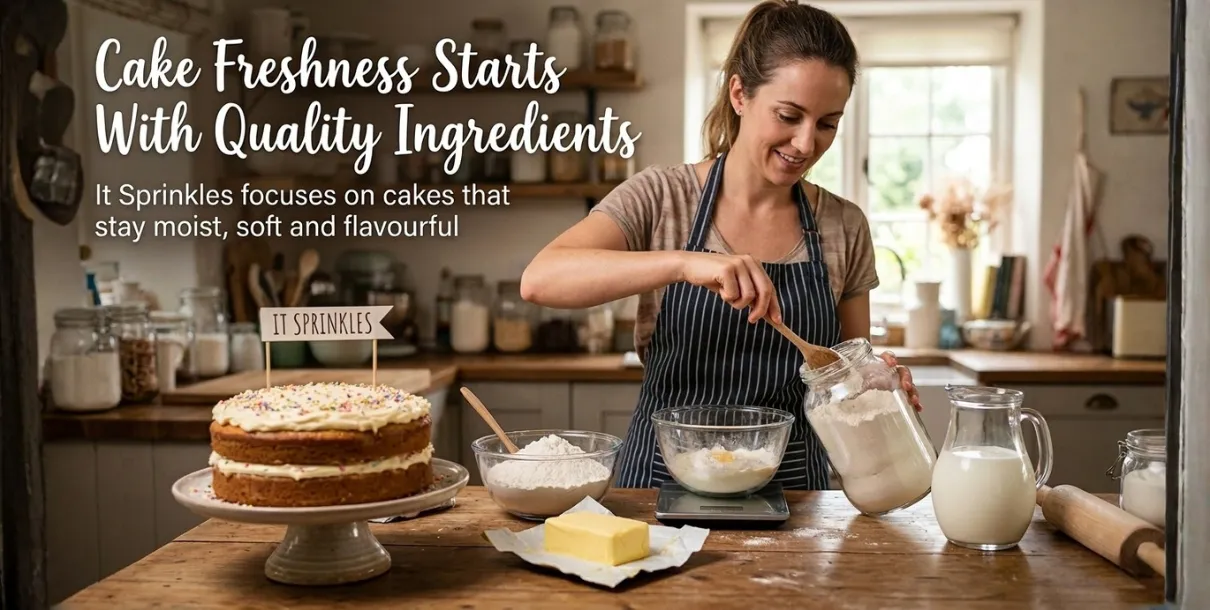 Home Baker Measuring Flour And Butter With Fresh Eggs And Milk On The Counter Beside A Finished Cake.