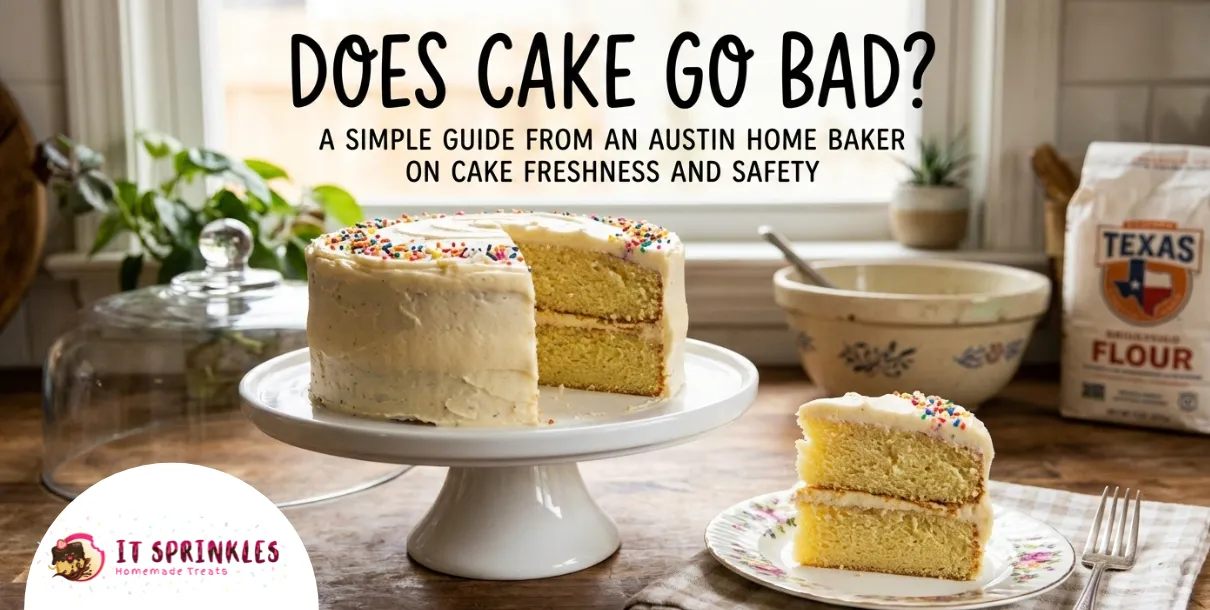 Freshly Baked Frosted Cake On A Stand With A Cut Slice Showing Moist Layers On A Kitchen Counter.