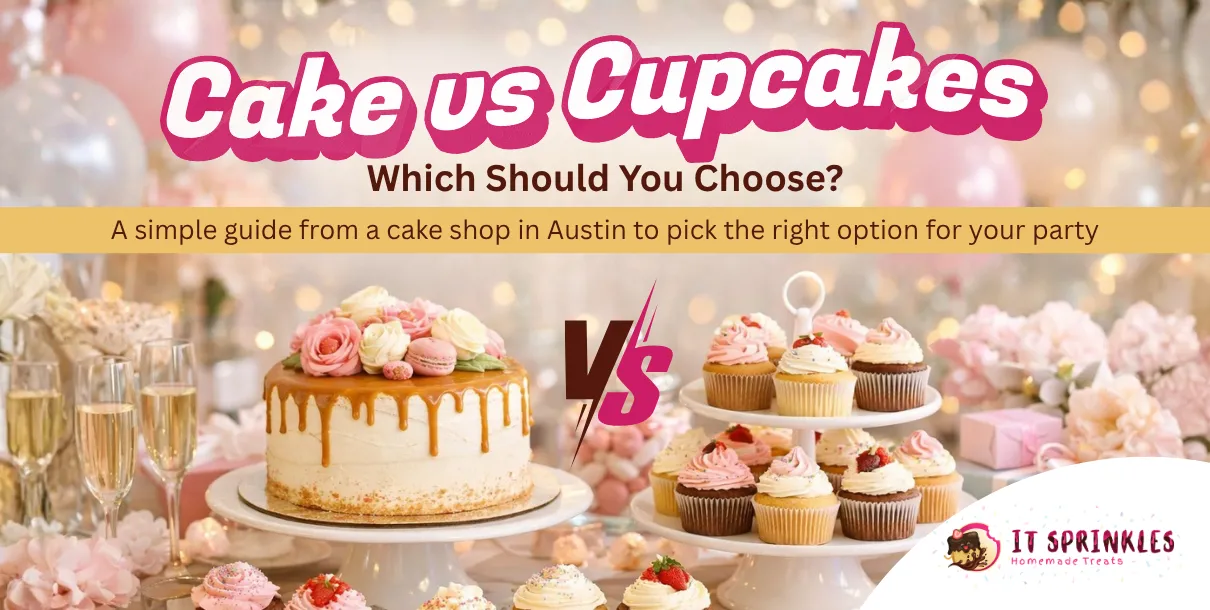 Decorated Cake And Cupcakes Displayed Side By Side On A Party Table Showing Cake Vs Cupcakes Comparison